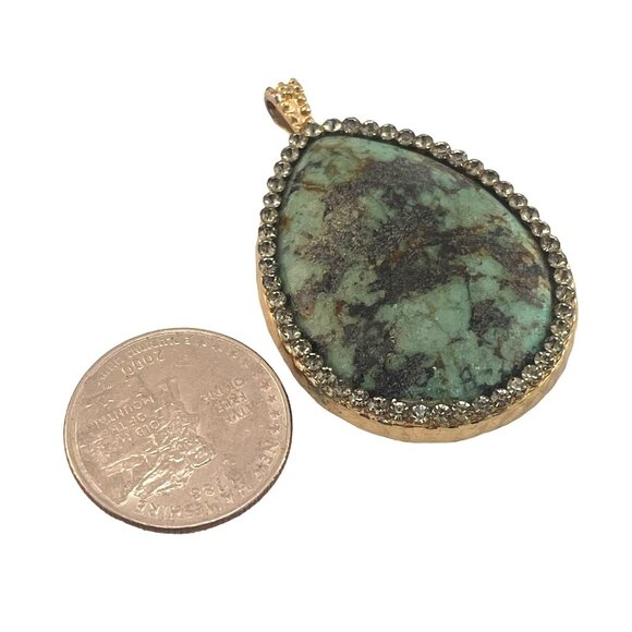 African Turquoise Tear Drop Natural Stone Pendant with Rhinestone Accents 2 inch - Picture 3 of 6